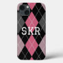 Pink and Black Argyle Custom Monogrammed iPhone 13 Case