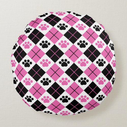 Pink and Black Argyle Paw Print Round Pillow