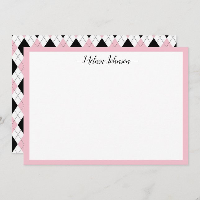 Pink and Black Argyle Personalized Note Card (Front/Back)
