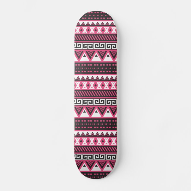 Pink and Black Aztec Tribal Pattern Design Skateboard Deck (Front)