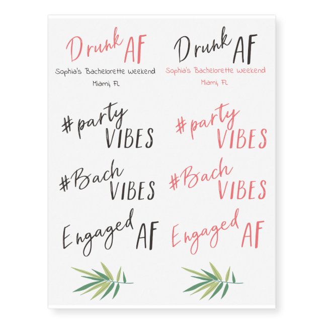 Pink and Black Bachelorette Party Vibes Temporary Tattoos (Front)