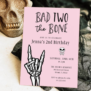 Pink and Black Bad Two The Bone 2nd Birthday Party Invitation