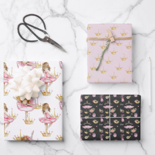 Pink and Black Ballerina Gold Crown Wrapping Paper Sheets
