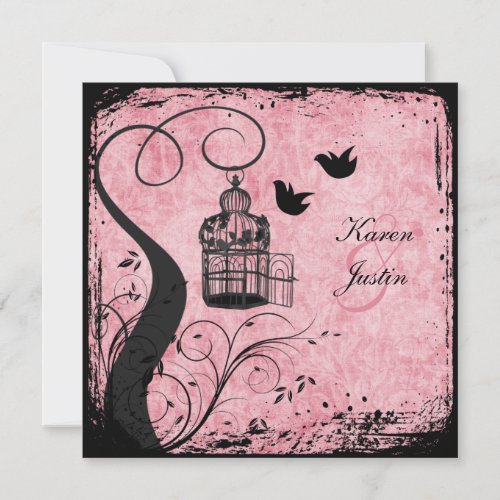 Pink and Black Birdcage Lovebirds on Linen Invite