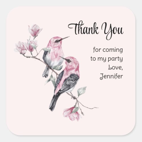 Pink and Black Birds on a Branch Party Thank You Square Sticker