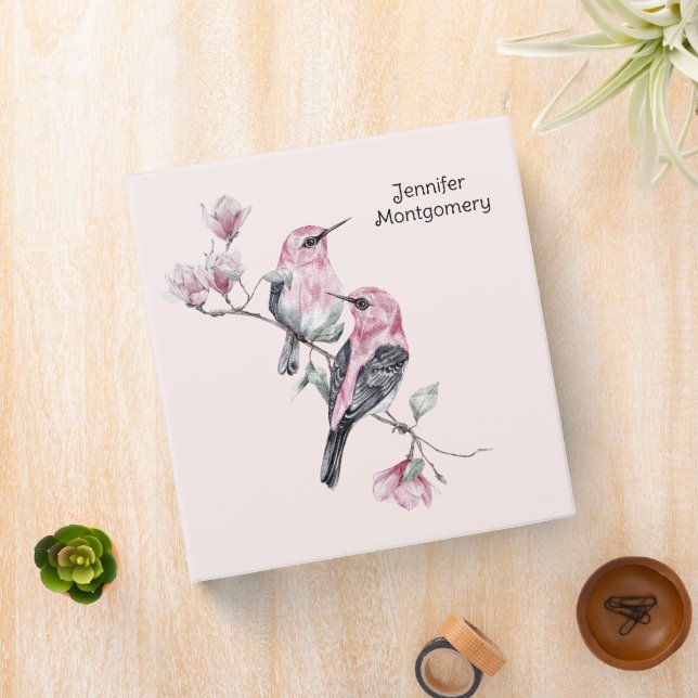 Pink and Black Birds on a Tree Branch 3 Ring Binder (In Situ)
