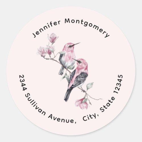 Pink and Black Birds on a Tree Branch Address Classic Round Sticker