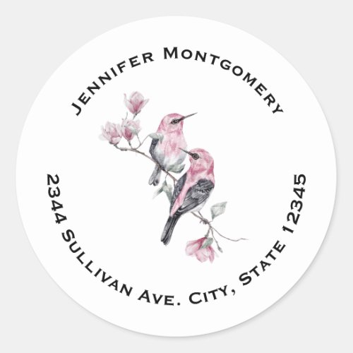 Pink and Black Birds on a Tree Branch Address Classic Round Sticker