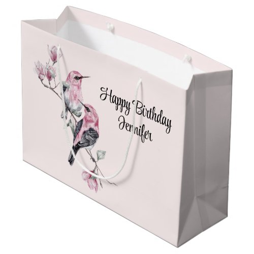 Pink and Black Birds on a Tree Branch Birthday Large Gift Bag