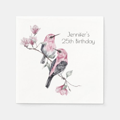 Pink and Black Birds on a Tree Branch Birthday Napkins