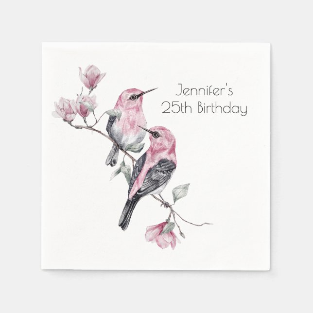 Pink and Black Birds on a Tree Branch Birthday Napkins (Front)