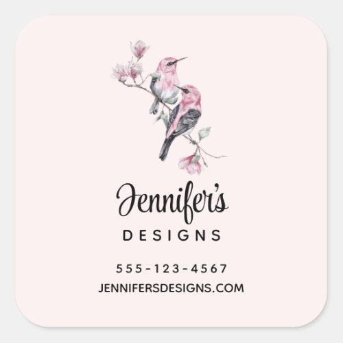 Pink and Black Birds on a Tree Branch Business Square Sticker