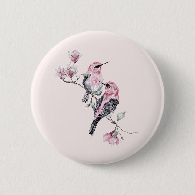 Pink and Black Birds on a Tree Branch Button (Front)