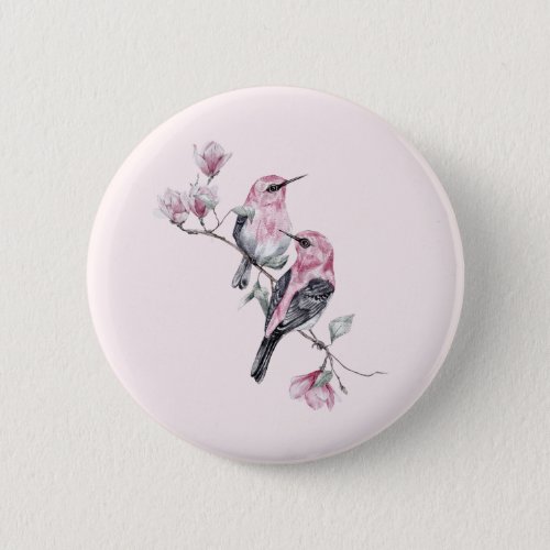 Pink and Black Birds on a Tree Branch Button