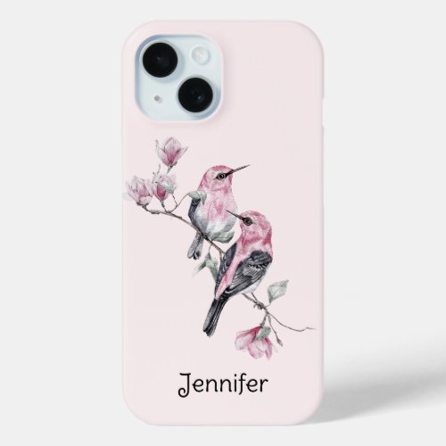 Pink and Black Birds on a Tree Branch iPhone 15 Case