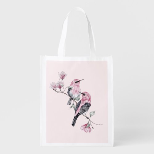 Pink and Black Birds on a Tree Branch Grocery Bag
