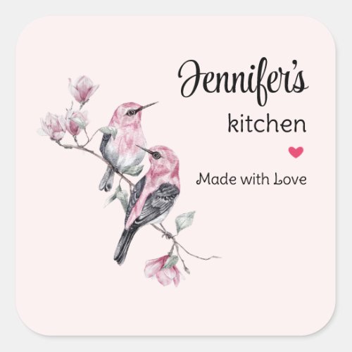 Pink and Black Birds on a Tree Branch Kitchen Square Sticker