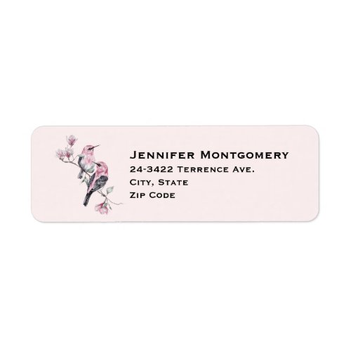 Pink and Black Birds on a Tree Branch Label