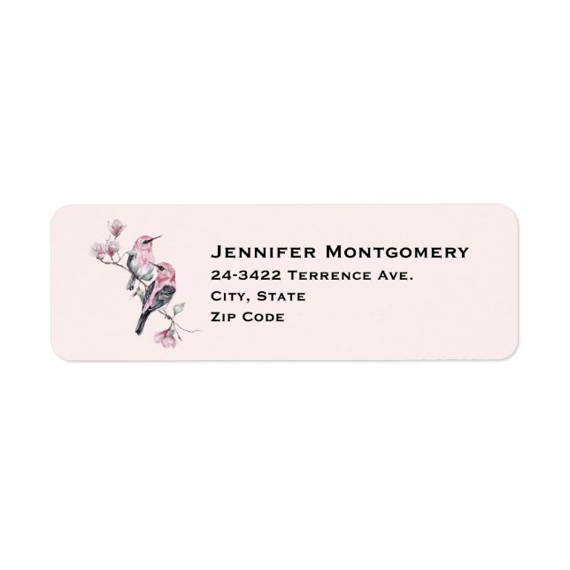 Pink and Black Birds on a Tree Branch Label (Front)