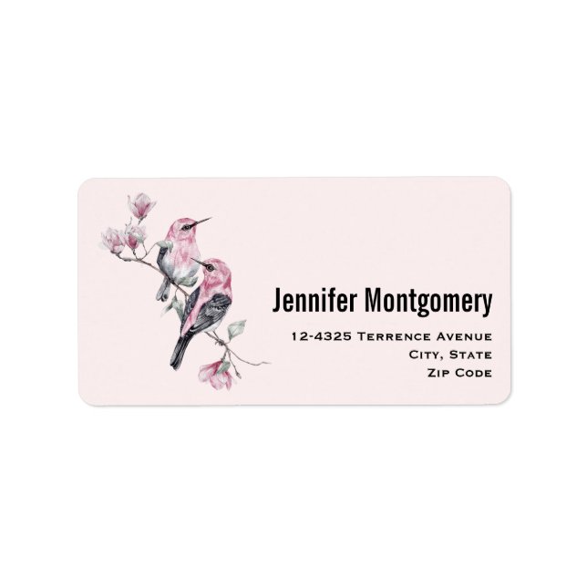 Pink and Black Birds on a Tree Branch Label (Front)