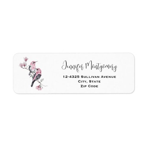 Pink and Black Birds on a Tree Branch Label