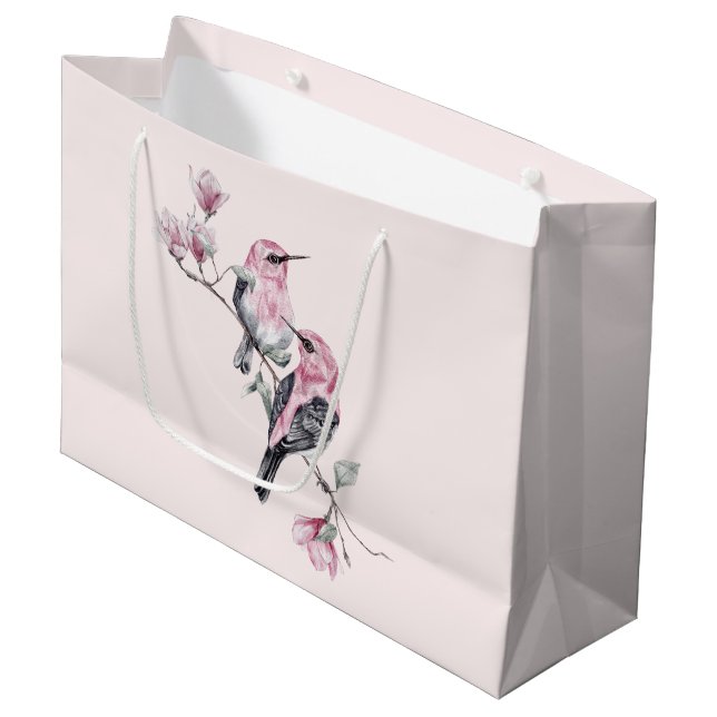 Pink and Black Birds on a Tree Branch Large Gift Bag (Front Angled)