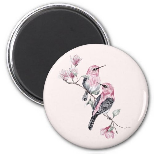 Pink and Black Birds on a Tree Branch Magnet