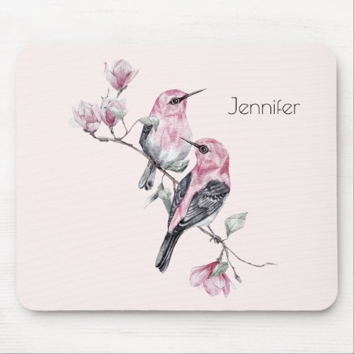 Pink and Black Birds on a Tree Branch Mouse Pad
