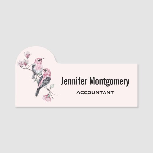 Pink and Black Birds on a Tree Branch Name Tag