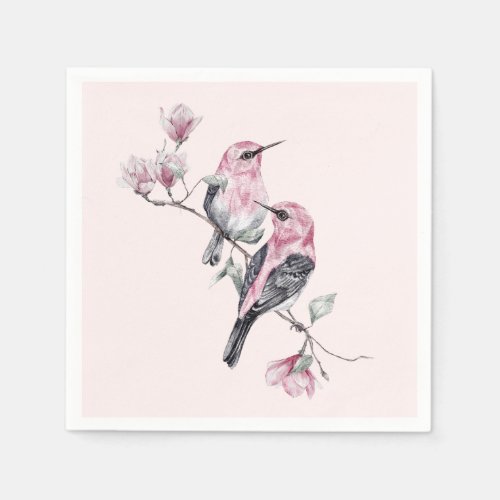 Pink and Black Birds on a Tree Branch Napkins