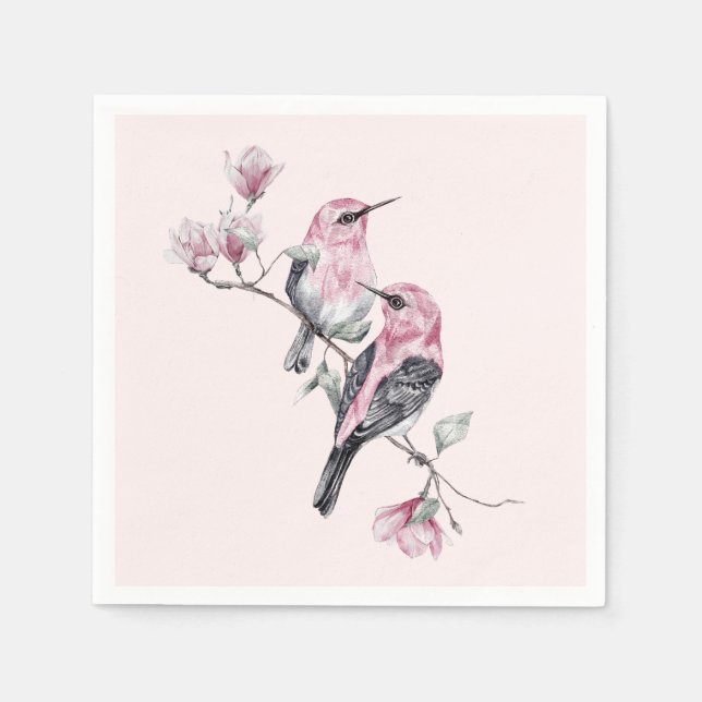 Pink and Black Birds on a Tree Branch Napkins (Front)