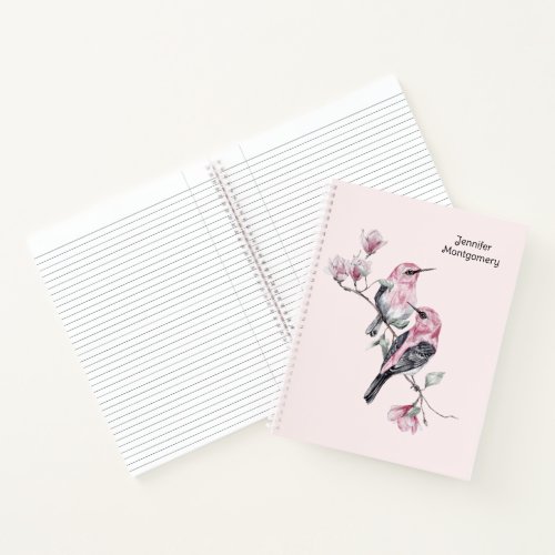 Pink and Black Birds on a Tree Branch Notebook