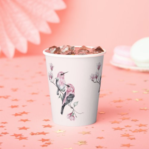 Pink and Black Birds on a Tree Branch Paper Cups