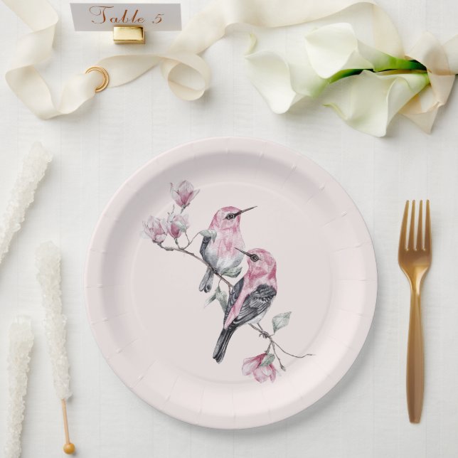  Pink and Black Birds on a Tree Branch Paper Plates (Wedding)