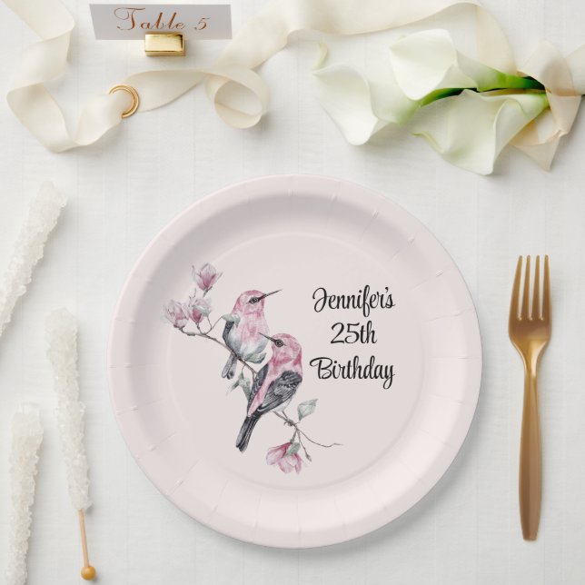 Pink and Black Birds on a Tree Branch Paper Plates (Wedding)