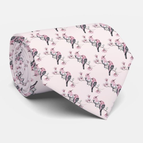 Pink and Black Birds on a Tree Branch Pattern Neck Tie
