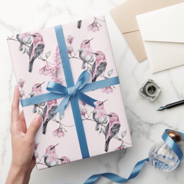 Pink and Black Birds on a Tree Branch Pattern Wrapping Paper (Gifting)