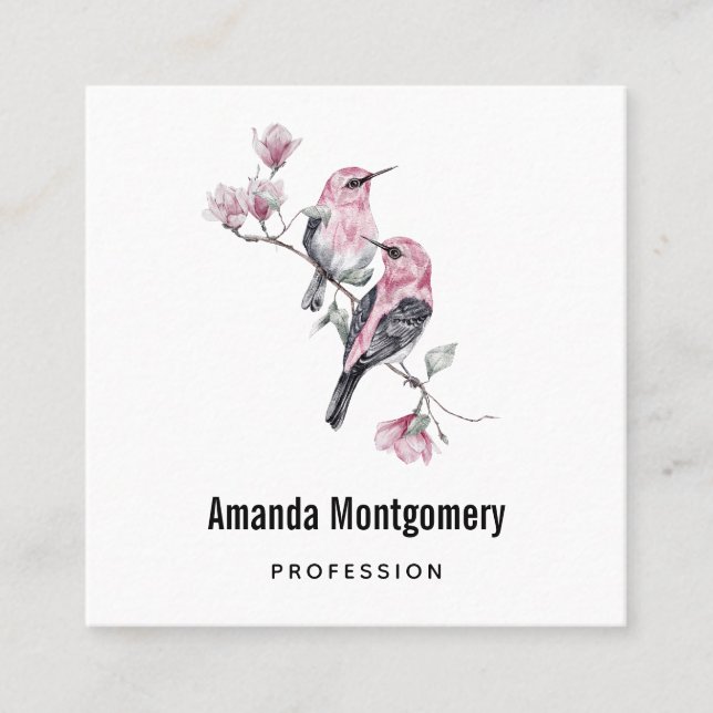 Pink and Black Birds on a Tree Branch Square Business Card (Front)