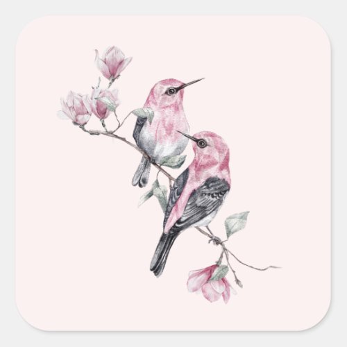 Pink and Black Birds on a Tree Branch Square Sticker