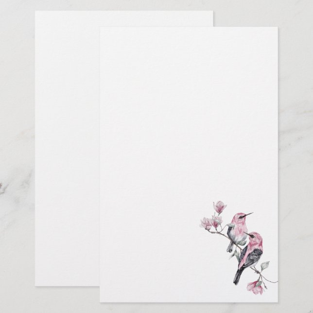 Pink and Black Birds on a Tree Branch Stationery (Front/Back)