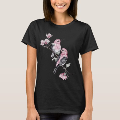 Pink and Black Birds on a Tree Branch T_Shirt
