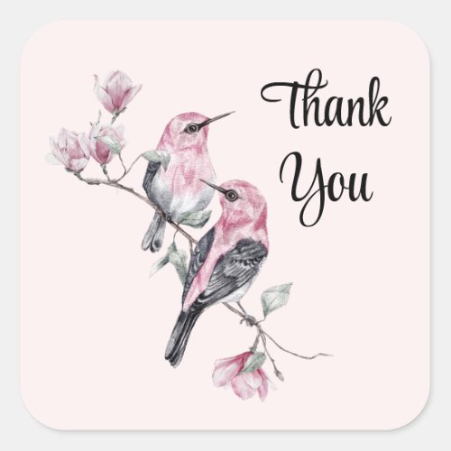 Pink and Black Birds on a Tree Branch Thank You Square Sticker