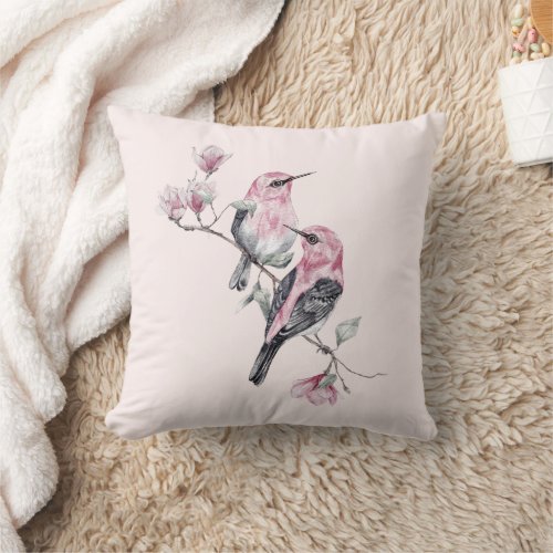 Pink and Black Birds on a Tree Branch Throw Pillow