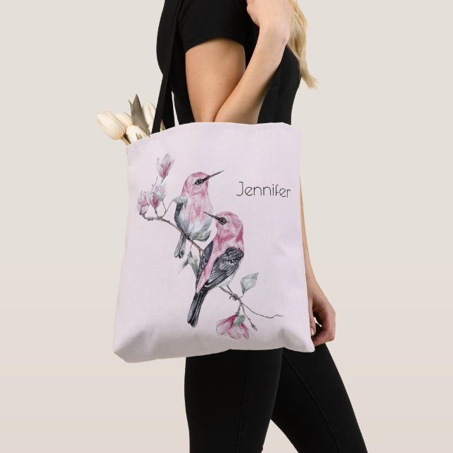 Pink and Black Birds on a Tree Branch Tote Bag (Close Up)