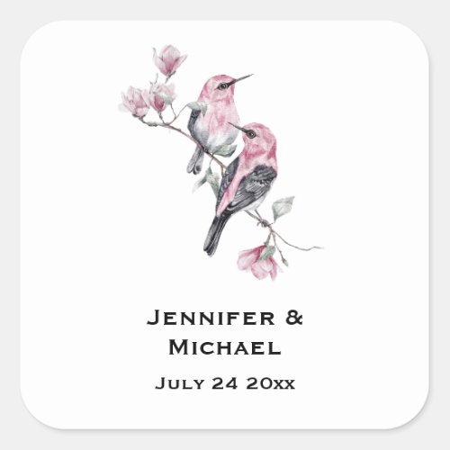 Pink and Black Birds on a Tree Branch Wedding Date Square Sticker