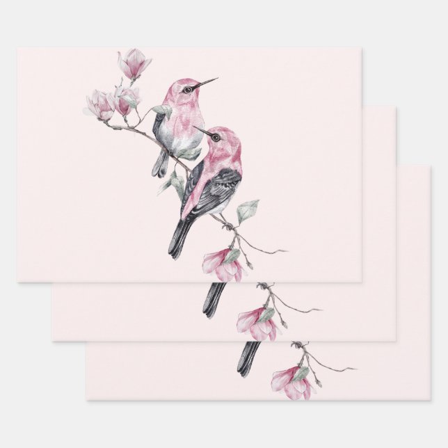 Pink and Black Birds on a Tree Branch Wrapping Paper Sheets (Set)