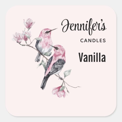 Pink and Black Birds on a Tree Candle Business Square Sticker