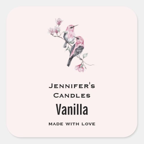 Pink and Black Birds on a Tree Candle Business Square Sticker