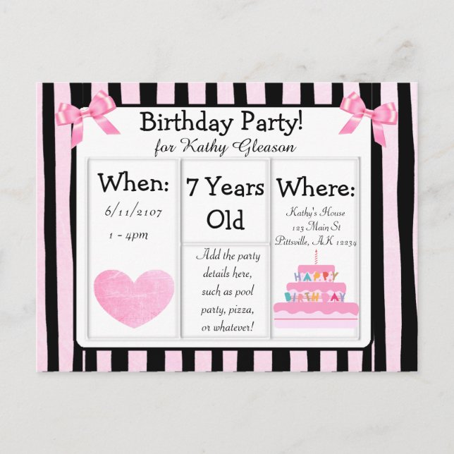 Pink and Black Birthday Party Postcard (Front)