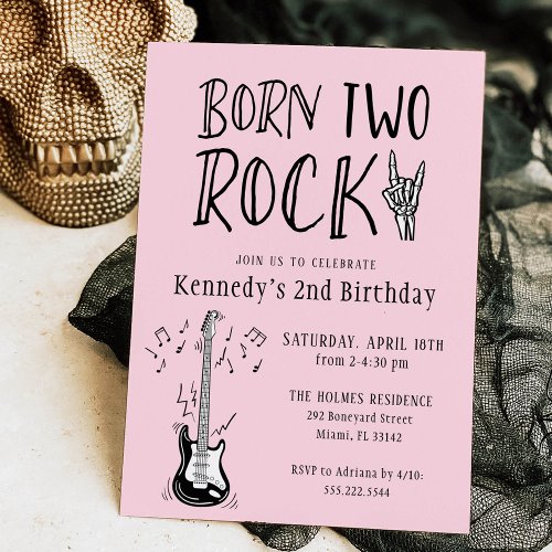 Pink and Black Born Two Rock Guitar 2nd Birthday Invitation